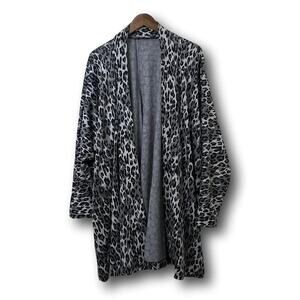 Vintage Leopard Print Womens Open Long Cardigan Sweater Wool Medium Jacket